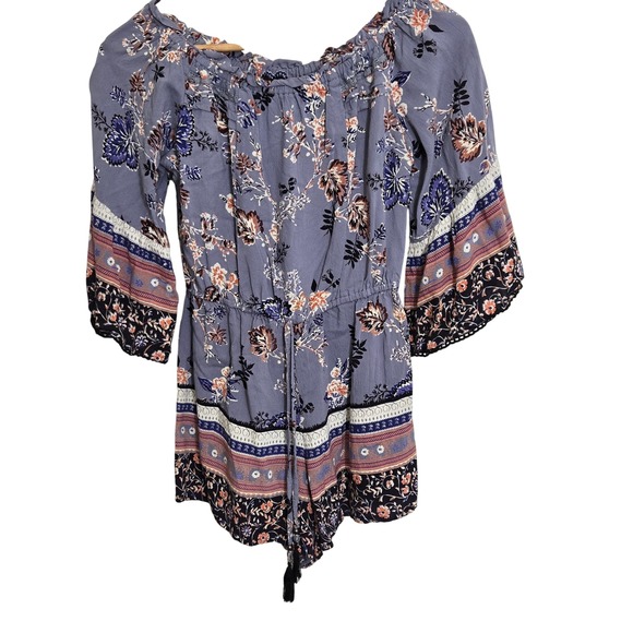 Angie Pants - ANGIE Off Shoulder Floral Print Romper Tassel Drawstring Bell Sleeve Size S Boho